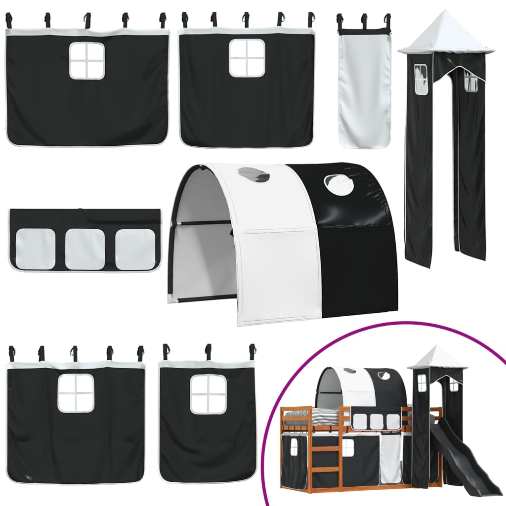 vidaXL Letto a Castello con Scivolo e Tende Bianco e Nero 90x200 cm