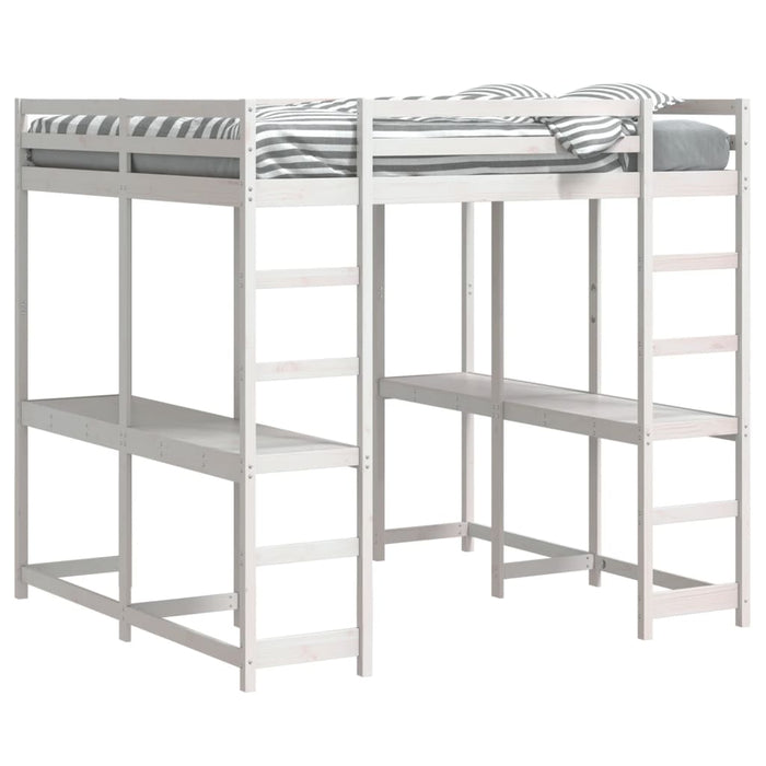 Letto Soppalco Scrivania e Scala Bianco 180x200cm Massello Pino