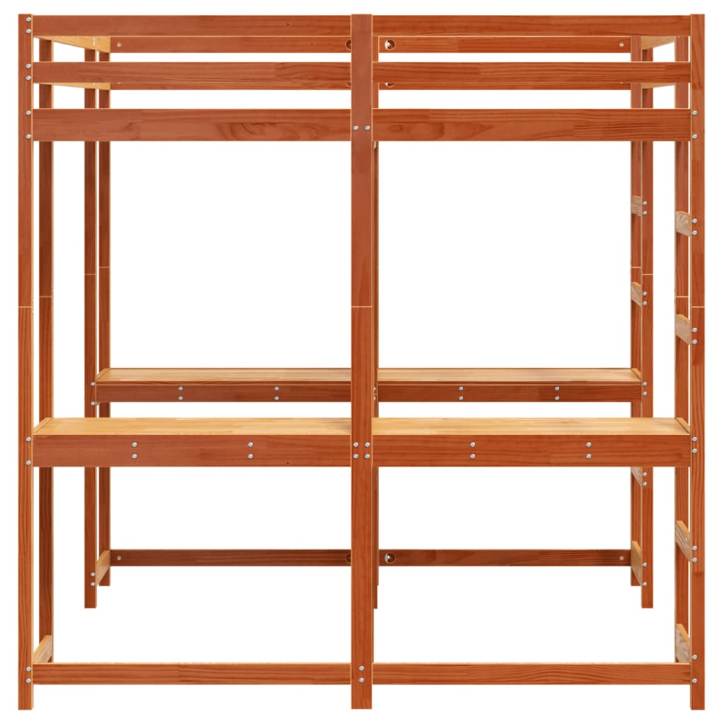 Letto Soppalco Scrivania e Scala Marrone Cera 140x200cm Pino