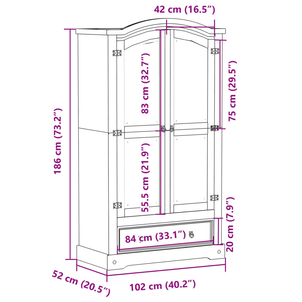Armadio Corona 102x52x186 cm in Legno Massello di Pino 4012156