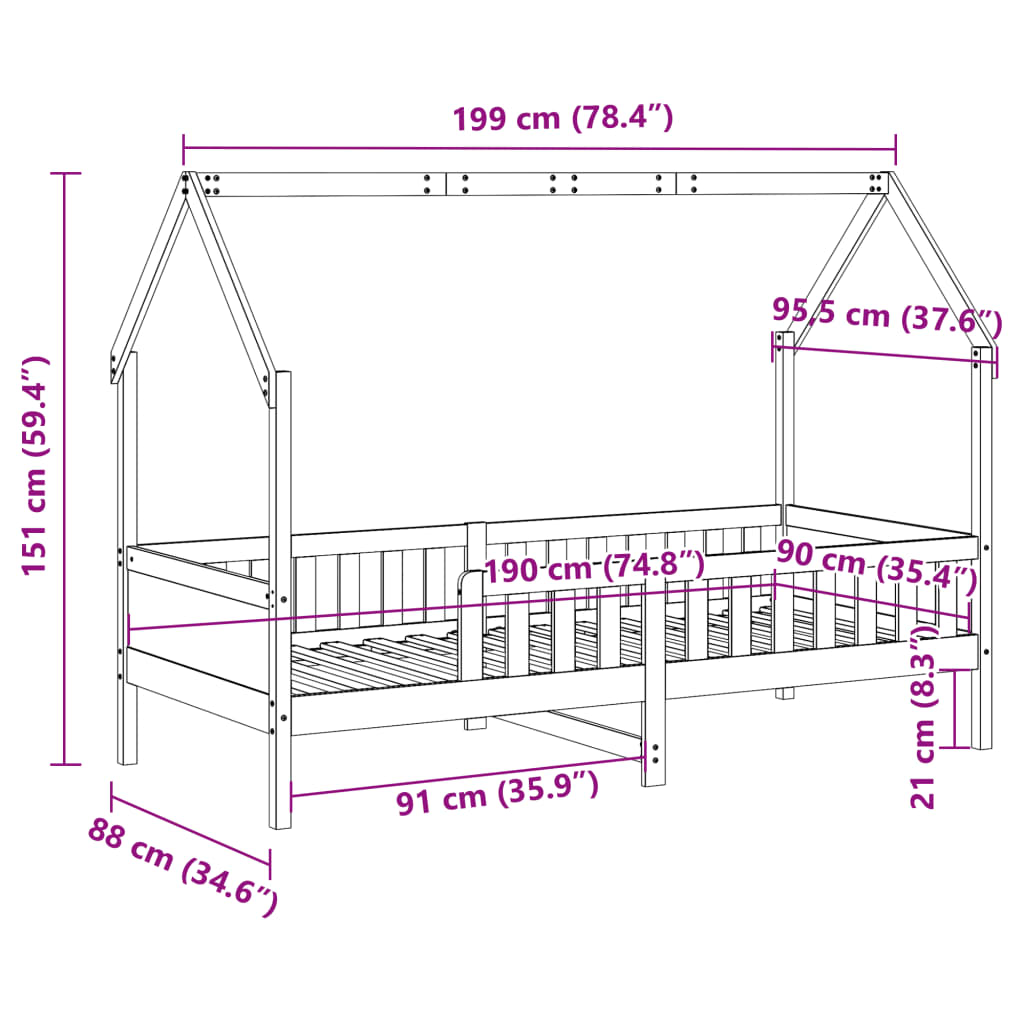 Giroletto Casetta Bambini Bianco 90x190 cm Legno Massello Pino
