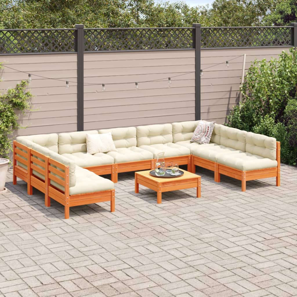Set Divani Giardino 10pz con Cuscini Marrone Cera Massello Pino 3299600