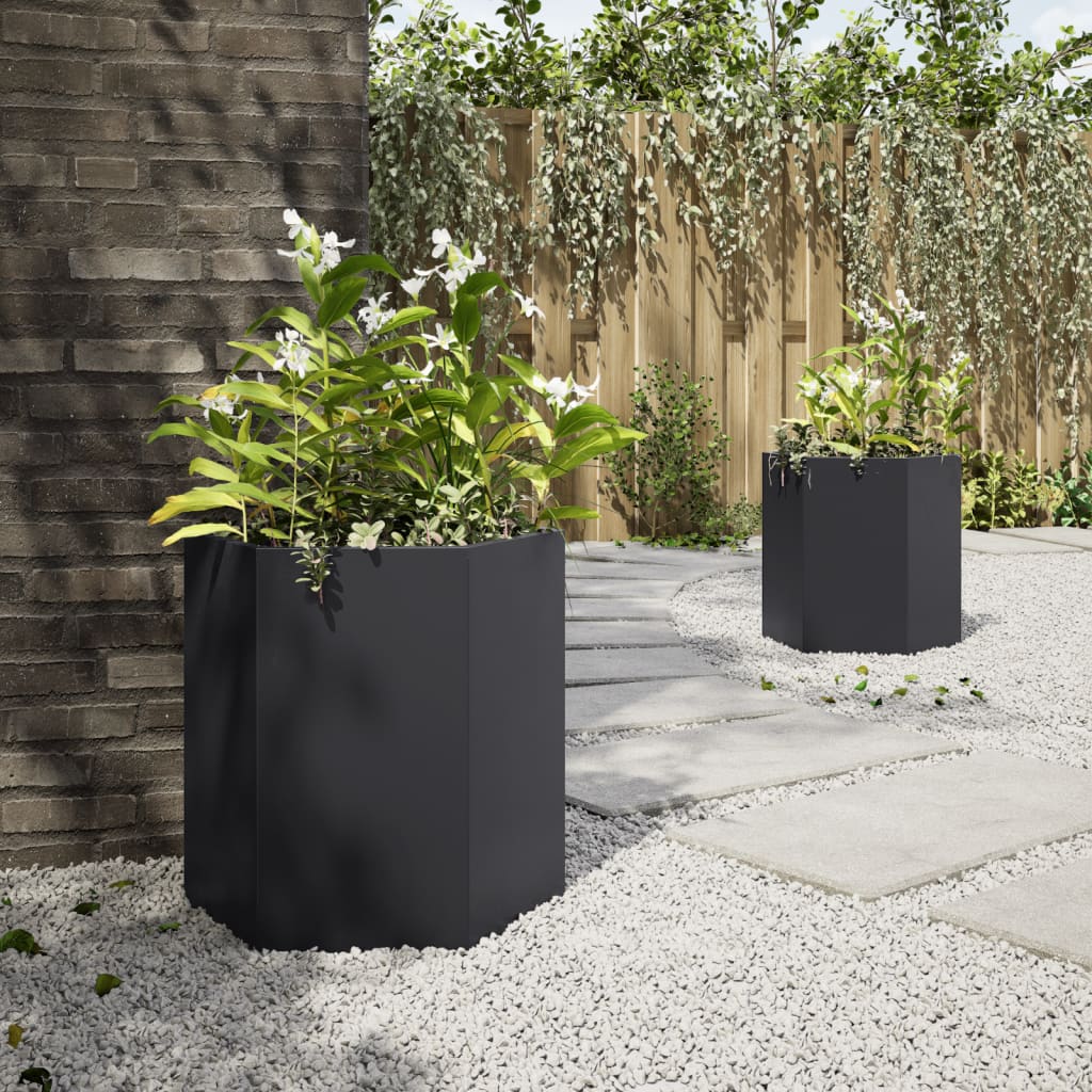 vidaXL Fioriere da Giardino 2 pz Esagono Nero 46x40x45 cm Acciaio