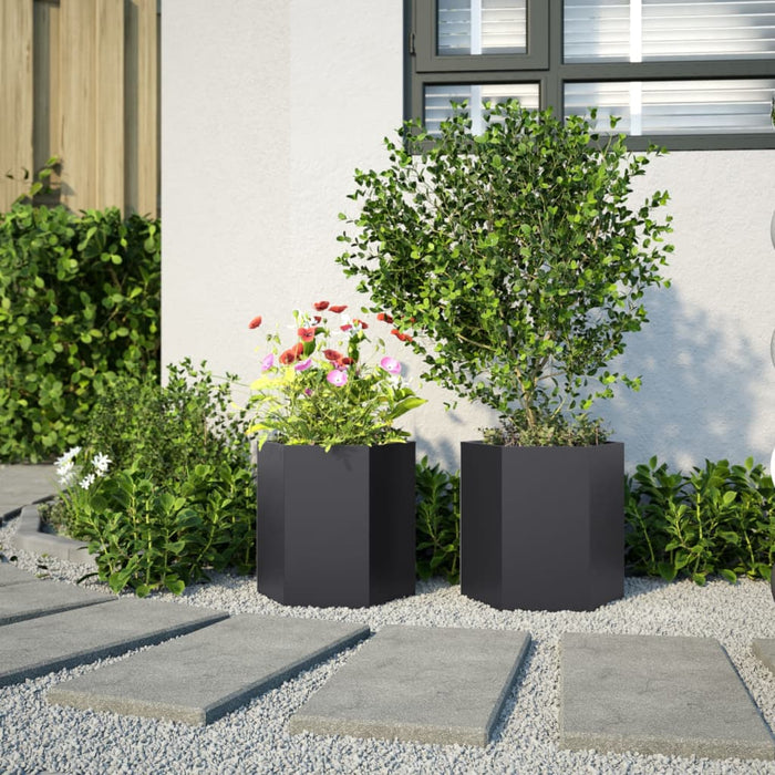 Fioriere da Giardino 2 pz Esagono Nero 46x40x45 cm Acciaio 851109