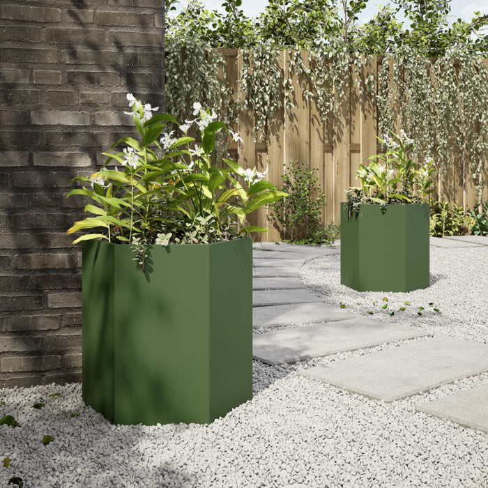 Fioriere da Giardino 2pz Verde Oliva Esagono 46x40x45cm Acciaio 851115