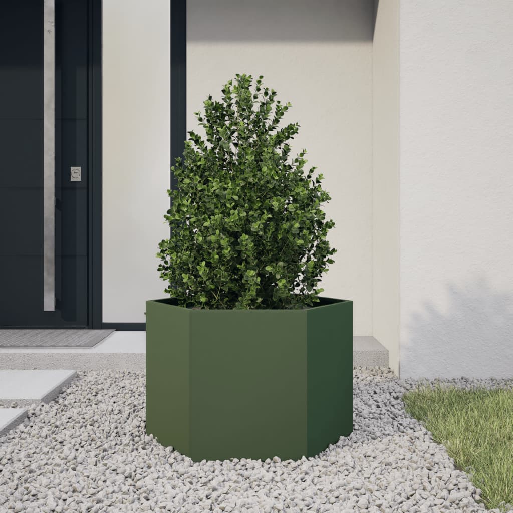 Fioriera da Giardino-Vaso da Esterno-Contenitore per Piante Verde Oliva Esagono 69x60x45 cm in Acciaio
