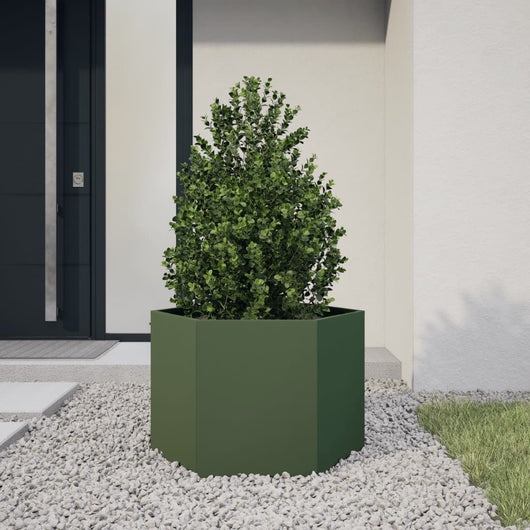 Fioriera da Giardino-Vaso da Esterno-Contenitore per Piante Verde Oliva Esagono 69x60x45 cm in Acciaio