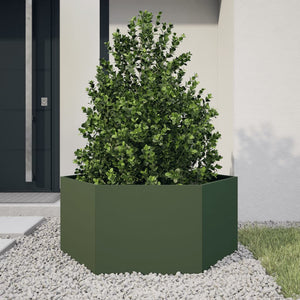 Fioriera da Giardino-Vaso da Esterno-Contenitore per Piante Verde Oliva Esagono 104x90x45 cm Acciaio