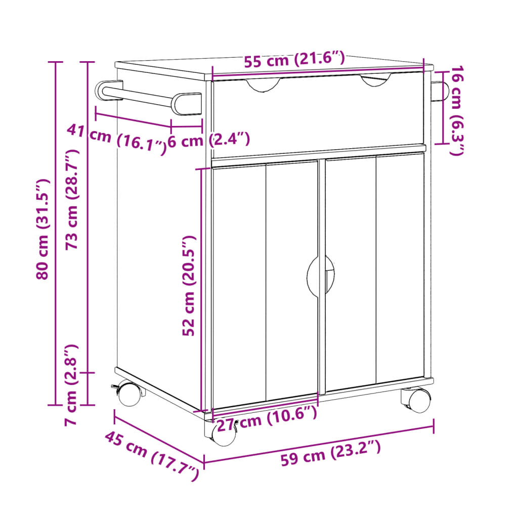 Carrello da Cucina OTTA 71x45x80 cm in Legno Massello di Pino 4013464