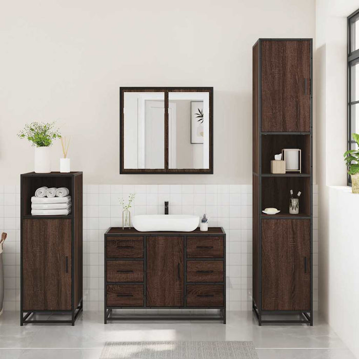 Set Mobili da Bagno 3 pz Rovere Marrone in Legno Multistrato