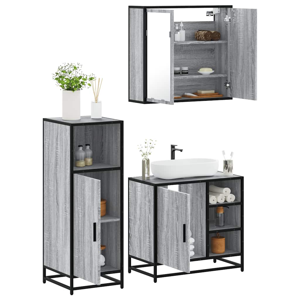 Set Mobili da Bagno 3 pz Grigio Sonoma in Legno Multistrato 3300968