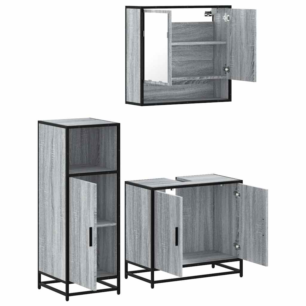 Set Mobili da Bagno 3 pz Grigio Sonoma in Legno Multistrato