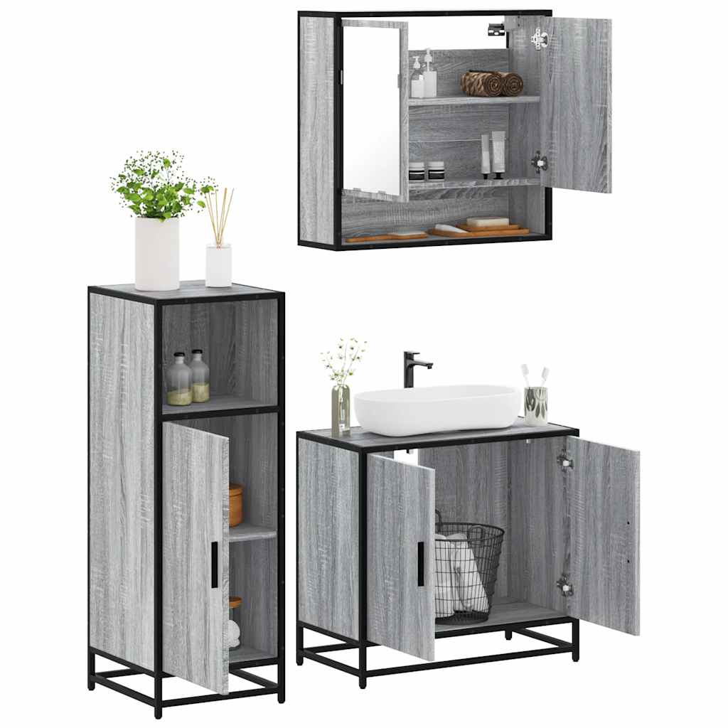 Set Mobili da Bagno 3 pz Grigio Sonoma in Legno Multistrato