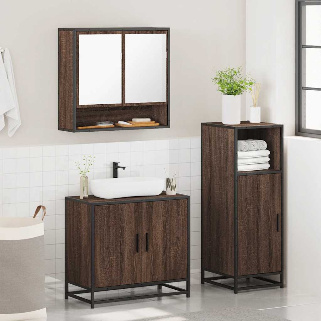 Set Mobili da Bagno 3 pz Rovere Marrone in Legno Multistrato