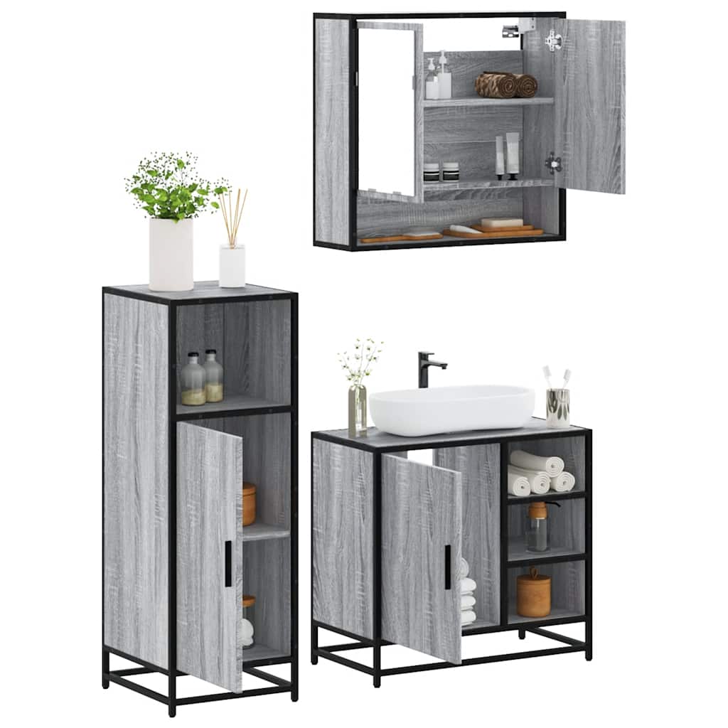 Set Mobili da Bagno 3 pz Grigio Sonoma in Legno Multistrato