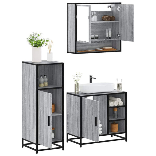 Set Mobili da Bagno 3 pz Grigio Sonoma in Legno Multistrato