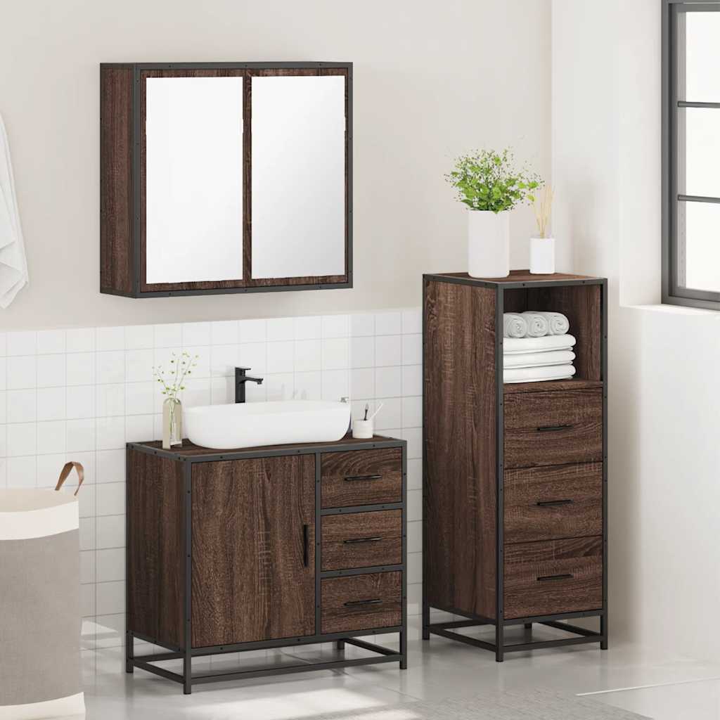 Set Mobili da Bagno 3 pz Rovere Marrone in Legno Multistrato