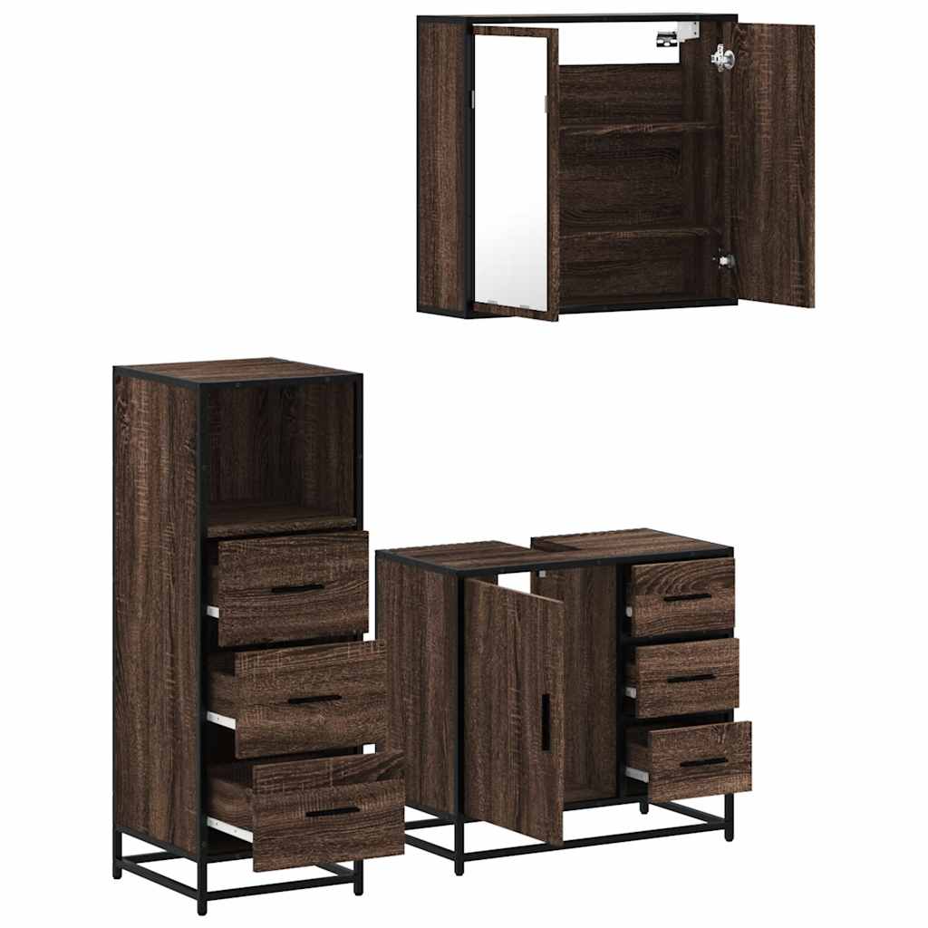 Set Mobili da Bagno 3 pz Rovere Marrone in Legno Multistrato