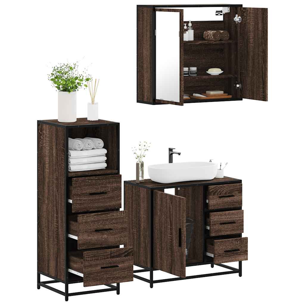 Set Mobili da Bagno 3 pz Rovere Marrone in Legno Multistrato