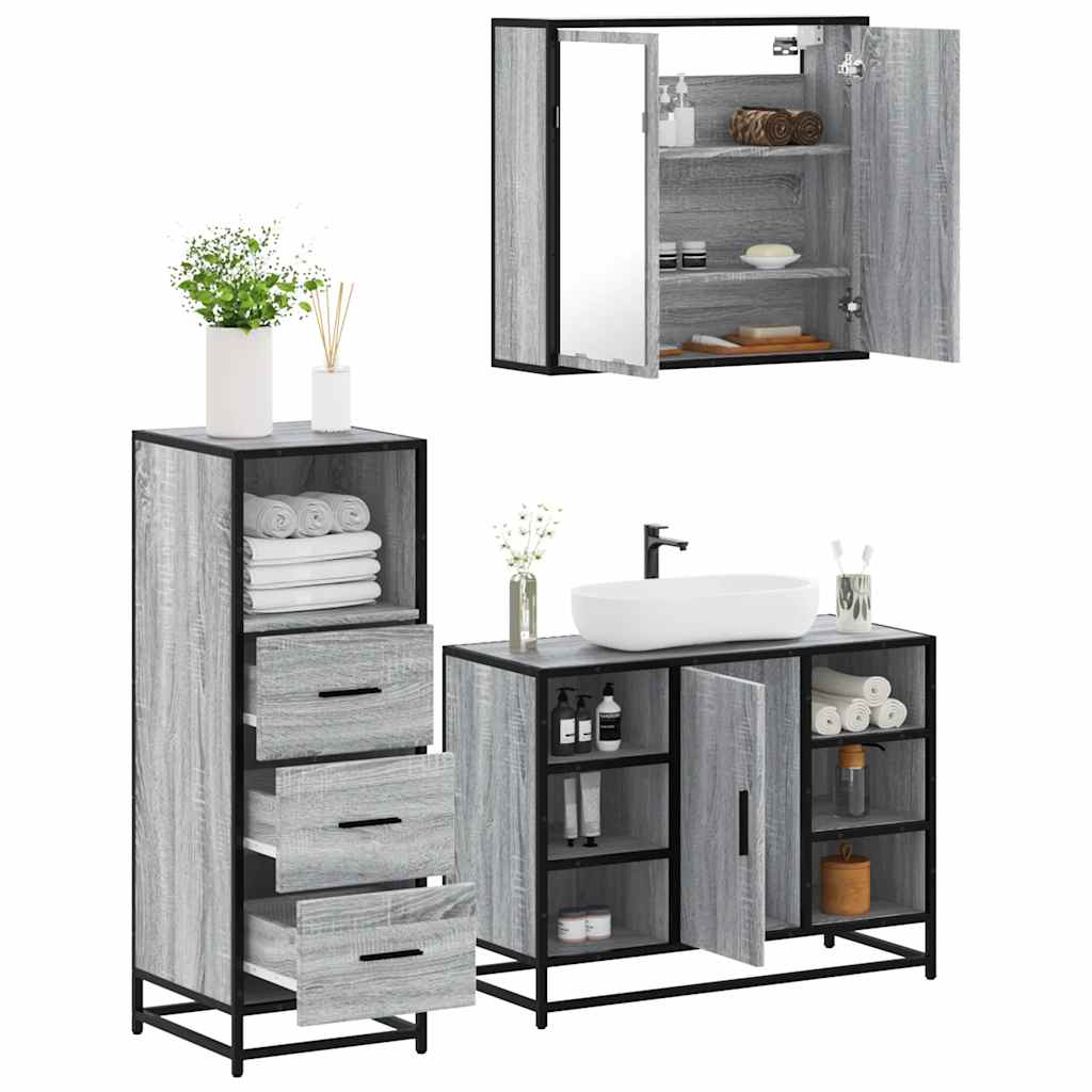 Set Mobili da Bagno 3 pz Grigio Sonoma in Legno Multistrato 3301033