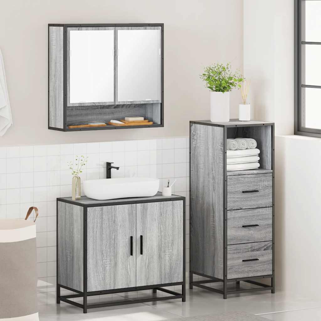 Set Mobili da Bagno 3 pz Grigio Sonoma in Legno Multistrato