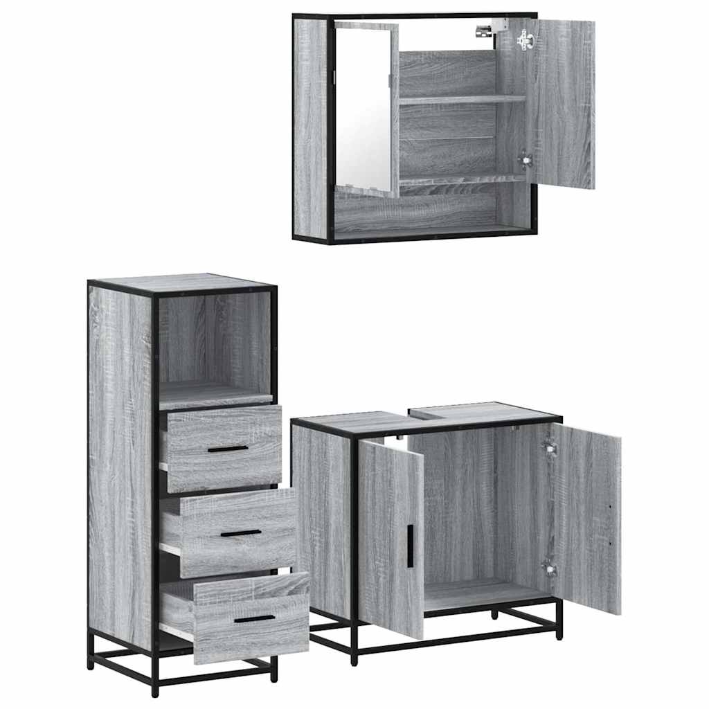 Set Mobili da Bagno 3 pz Grigio Sonoma in Legno Multistrato