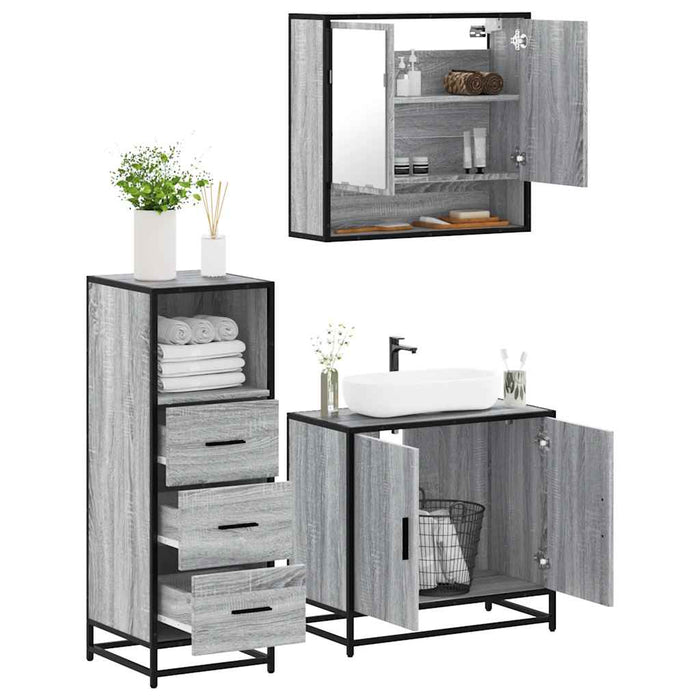 Set Mobili da Bagno 3 pz Grigio Sonoma in Legno Multistrato 3301038