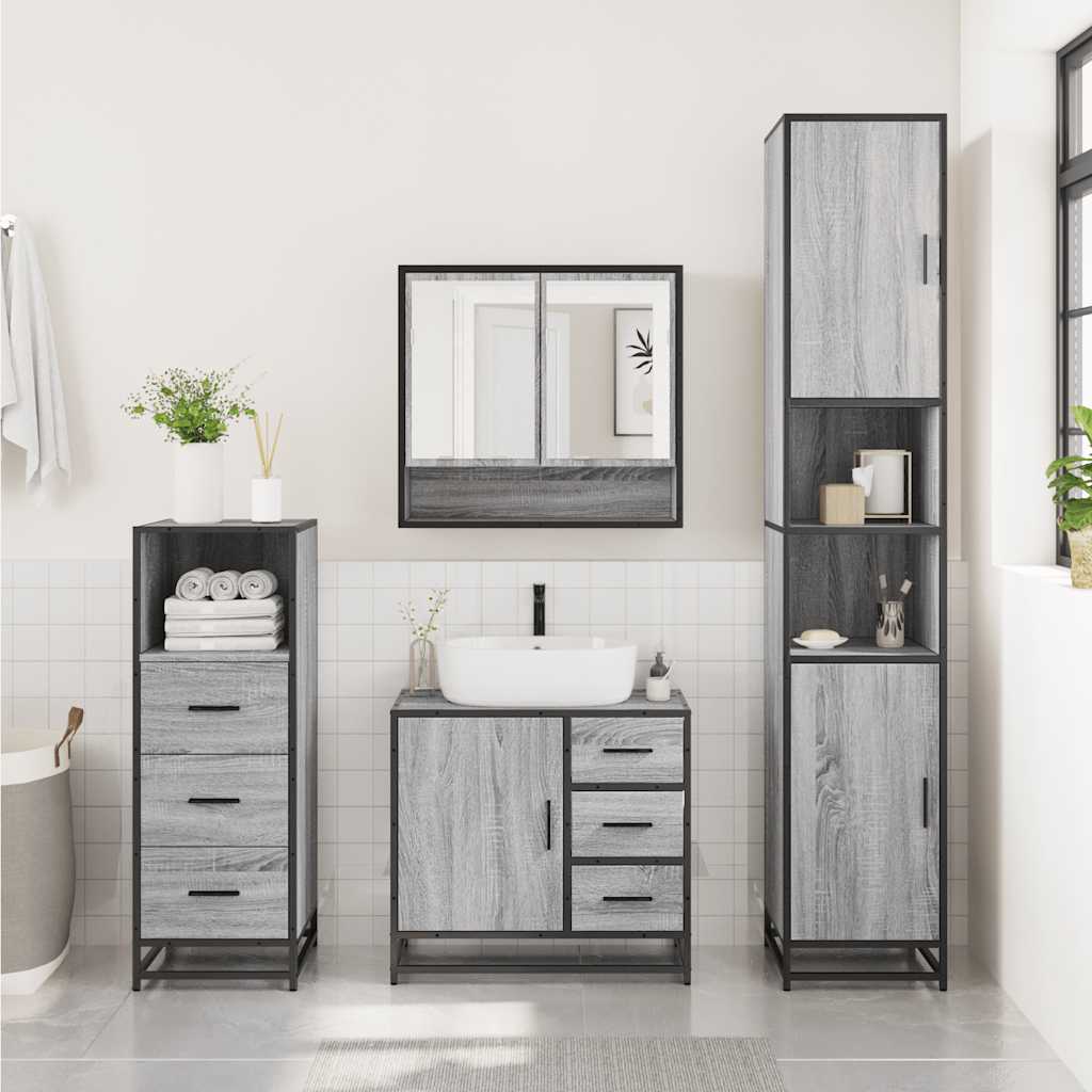 Set Mobili da Bagno 3 pz Grigio Sonoma in Legno Multistrato