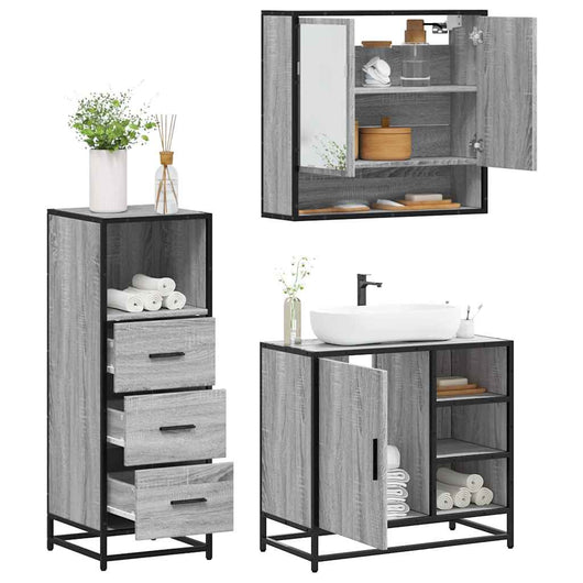 Set Mobili da Bagno 3 pz Grigio Sonoma in Legno Multistrato