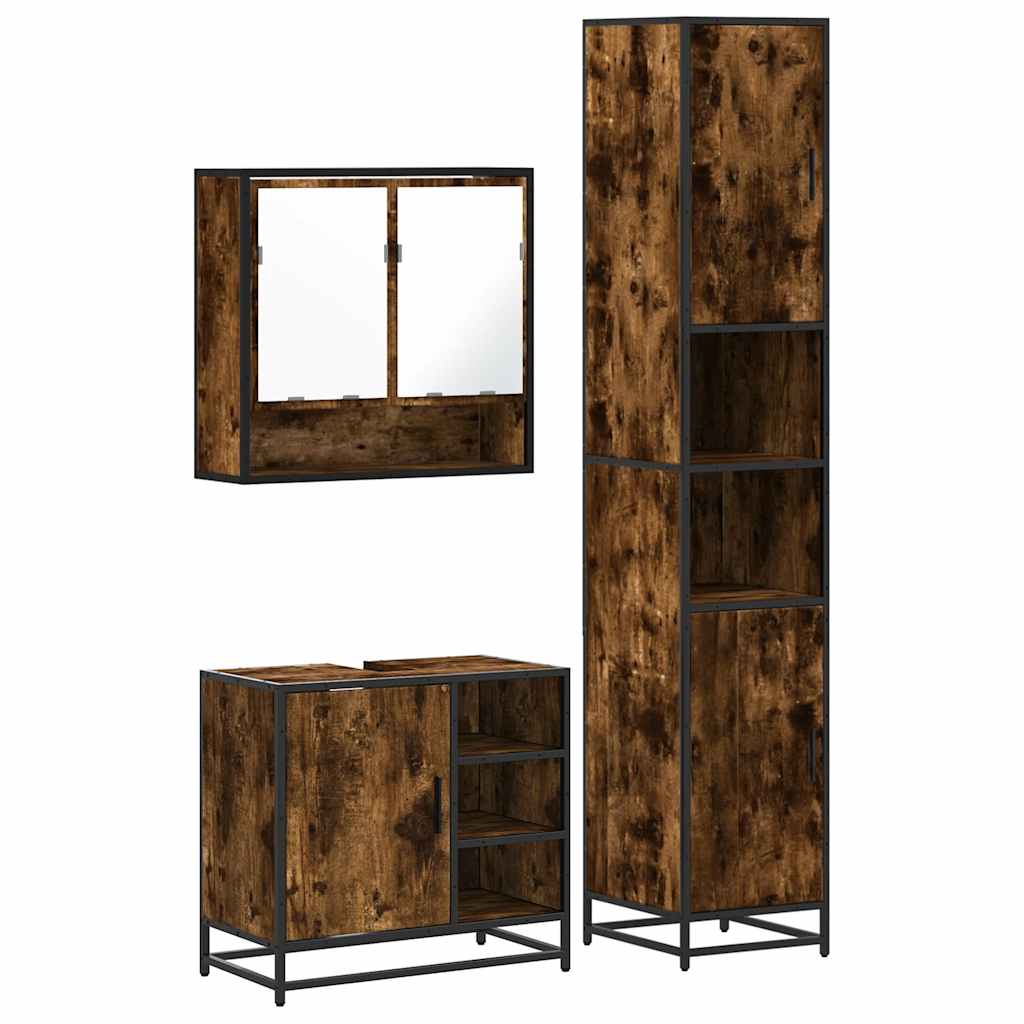 Set Mobili da Bagno 3 pz Rovere Fumo in Legno Multistrato