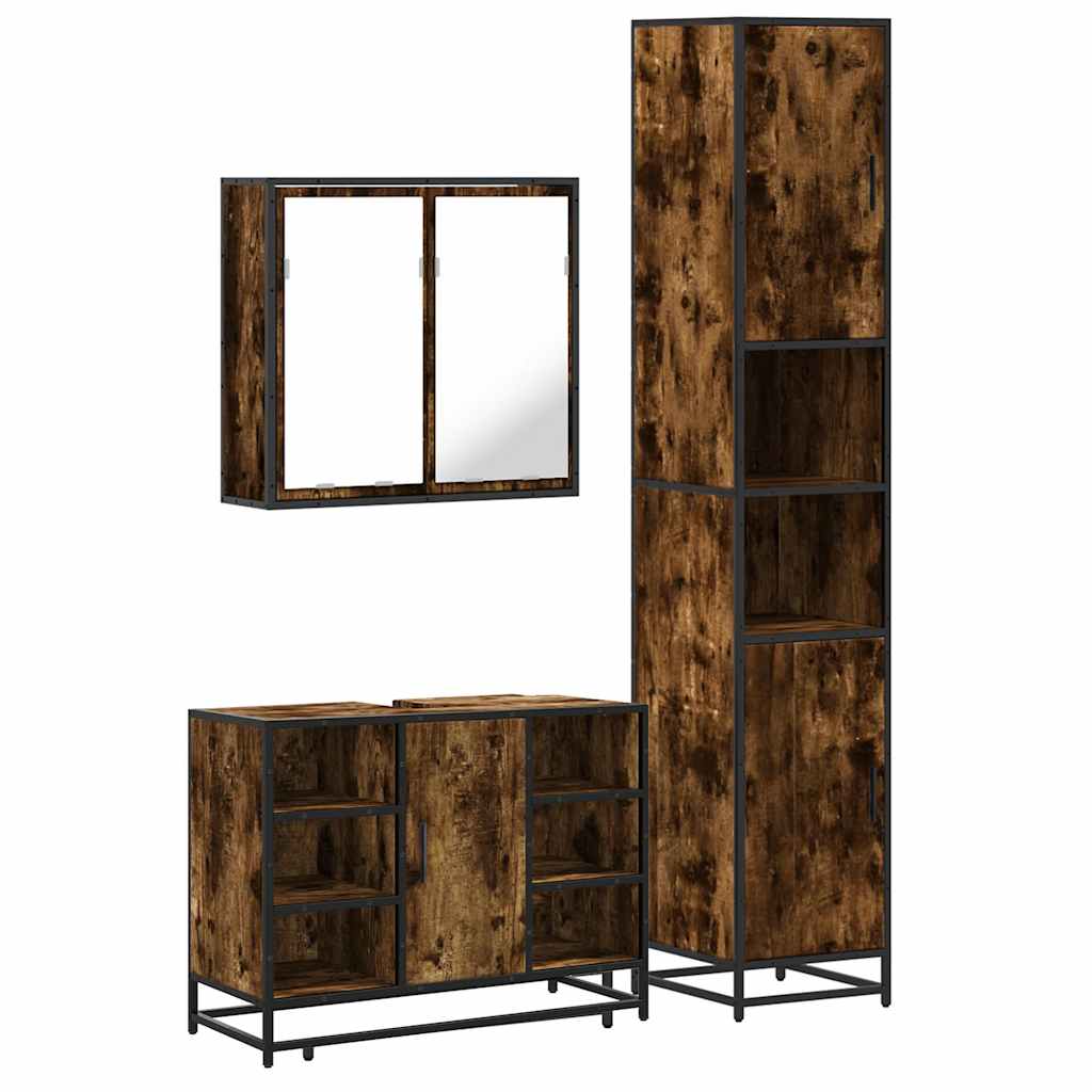 Set Mobili da Bagno 3 pz Rovere Fumo in Legno Multistrato