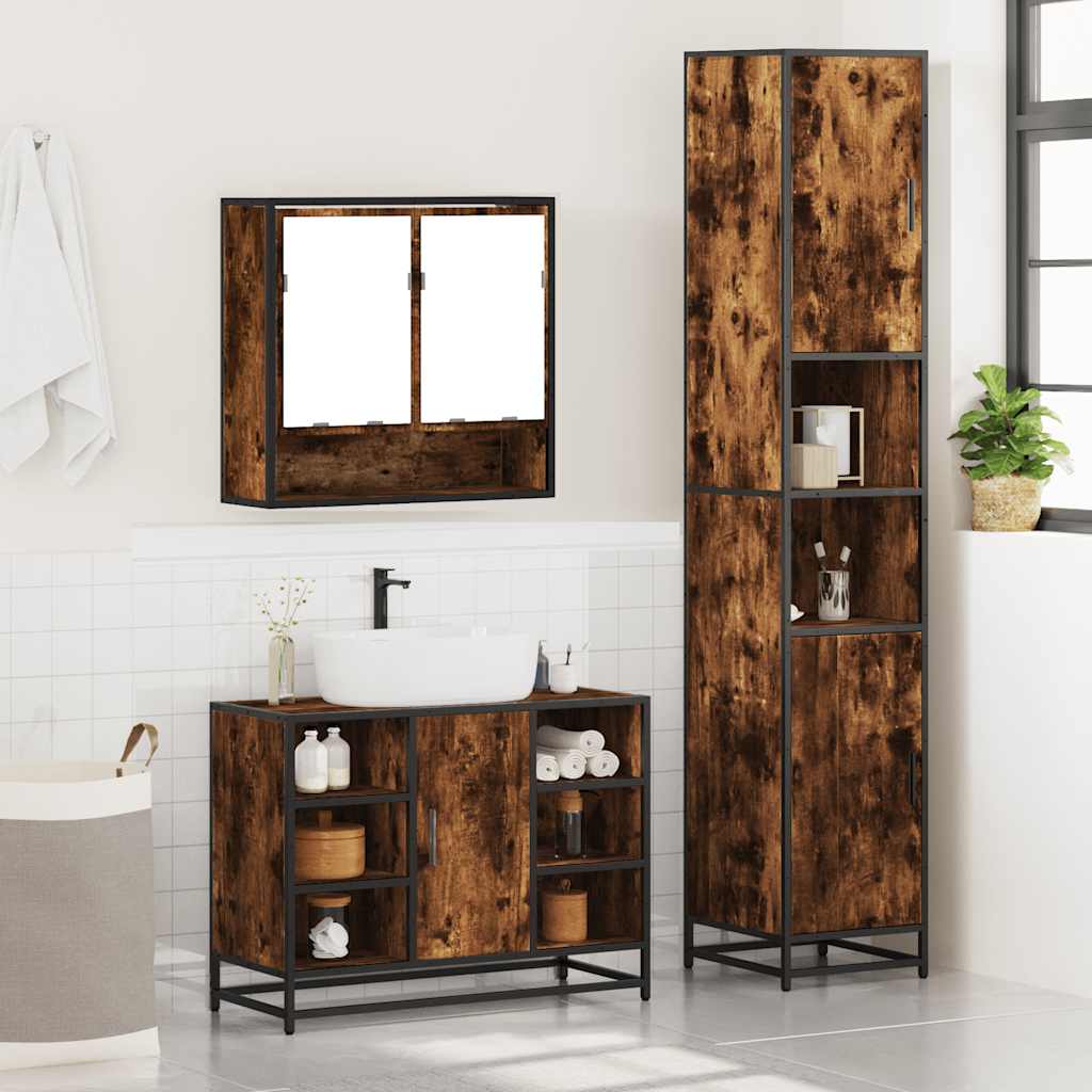 Set Mobili da Bagno 3 pz Rovere Fumo in Legno Multistrato
