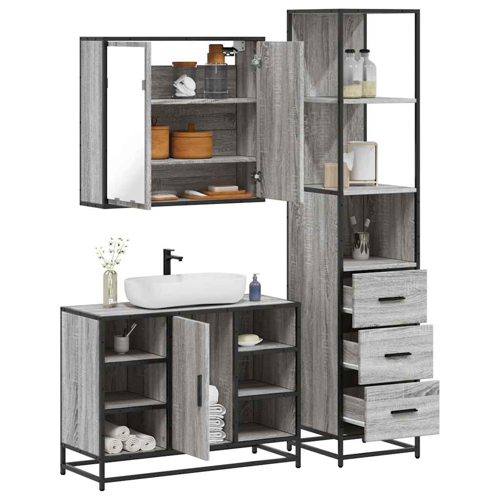 Set Mobili da Bagno 3 pz Grigio Sonoma in Legno Multistrato 3301153