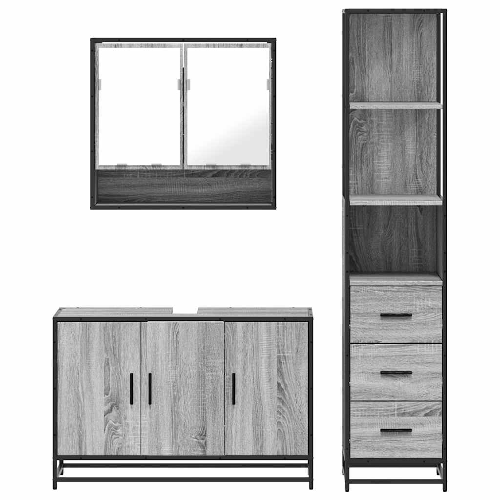 Set Mobili da Bagno 3 pz Grigio Sonoma in Legno Multistrato