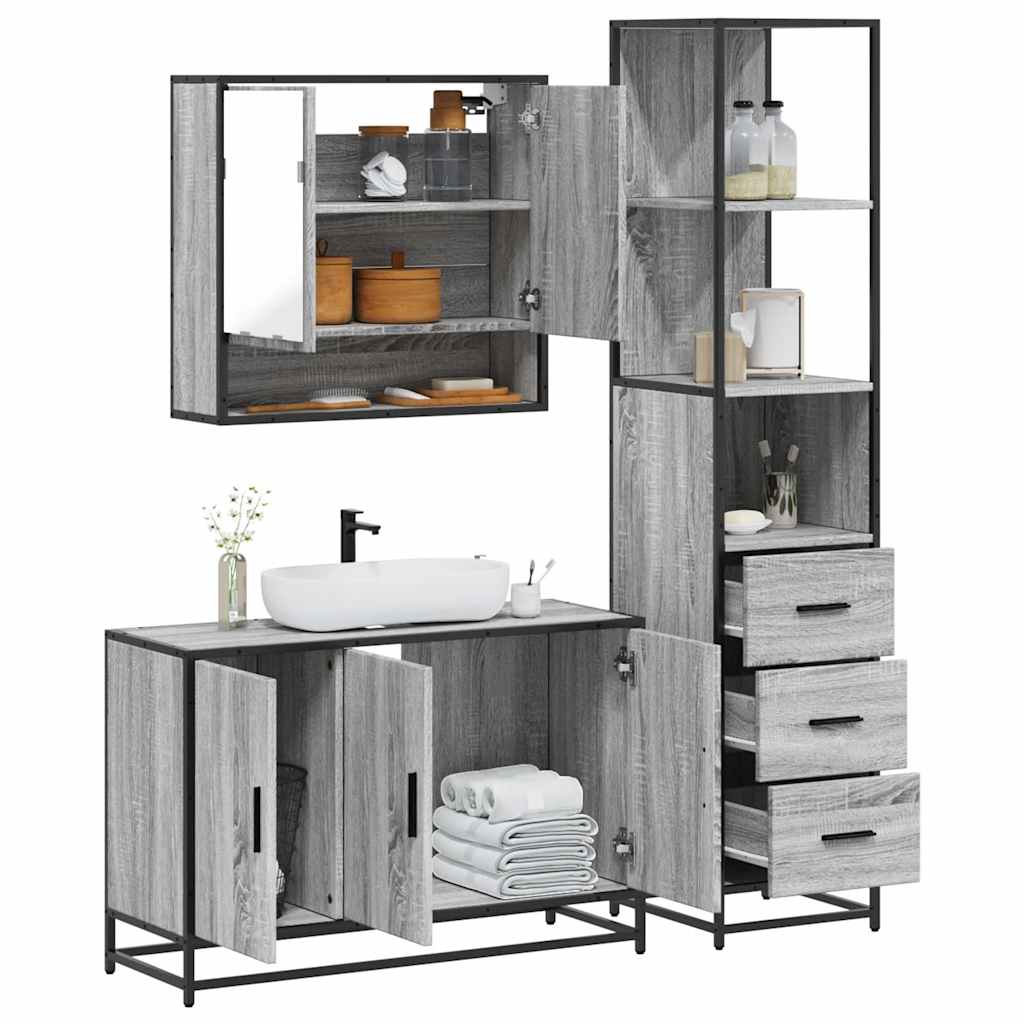 Set Mobili da Bagno 3 pz Grigio Sonoma in Legno Multistrato 3301163