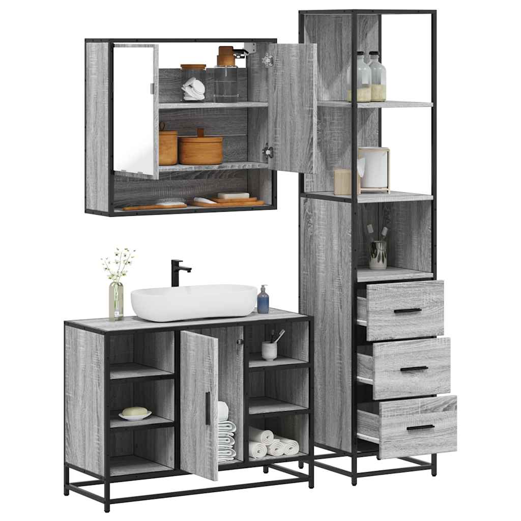 Set Mobili da Bagno 3 pz Grigio Sonoma in Legno Multistrato