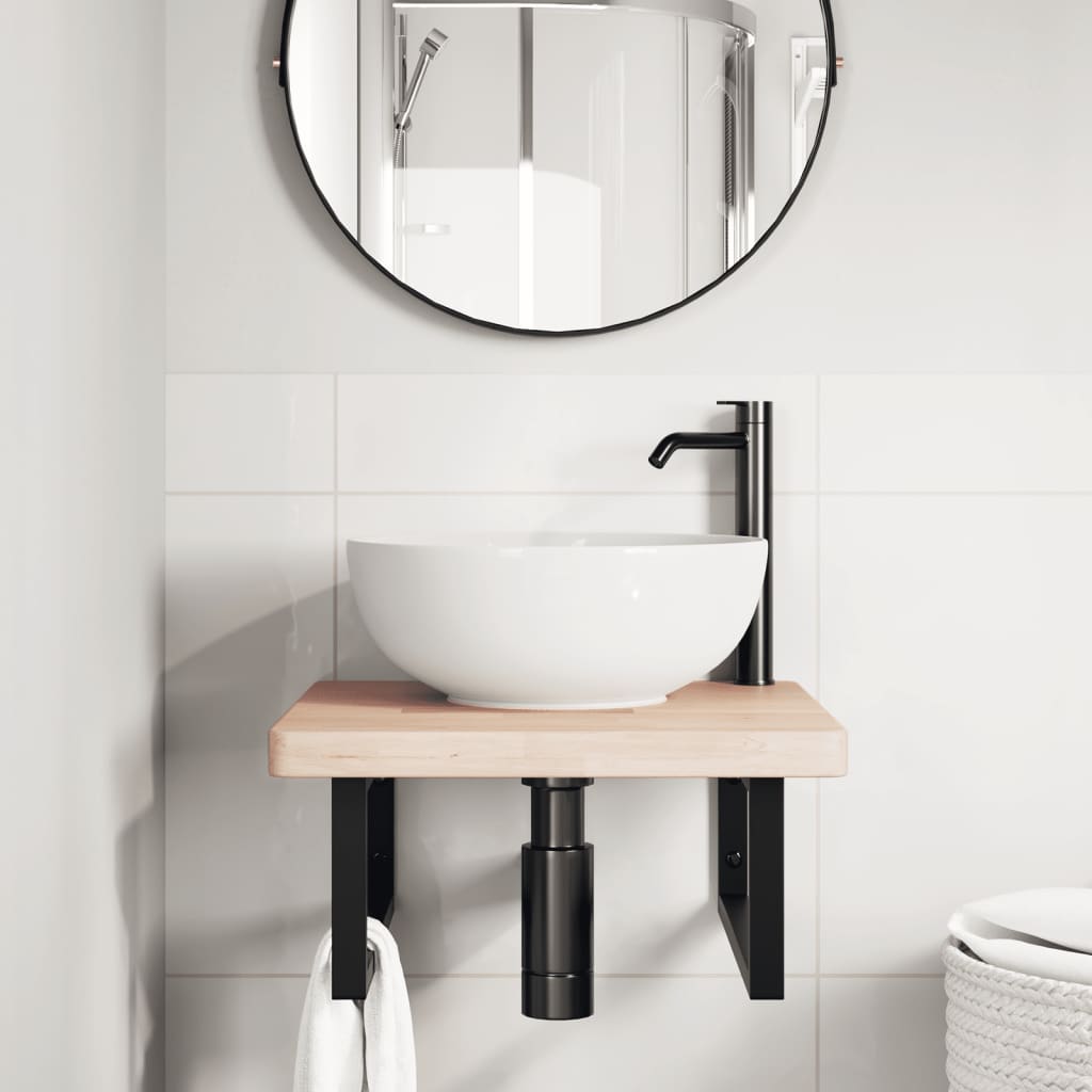 Ripiano a Parete per Lavabo-Mensole a Muro in Acciaio e Massello di Rovere 901612