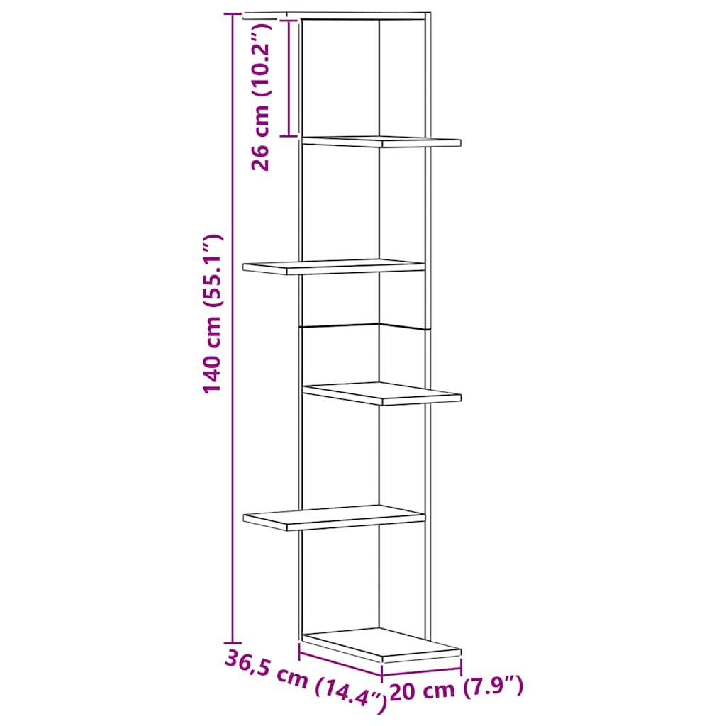 Scaffale Angolare Muro Rovere Artigianale 36,5x36,5x140cm Legno 852635