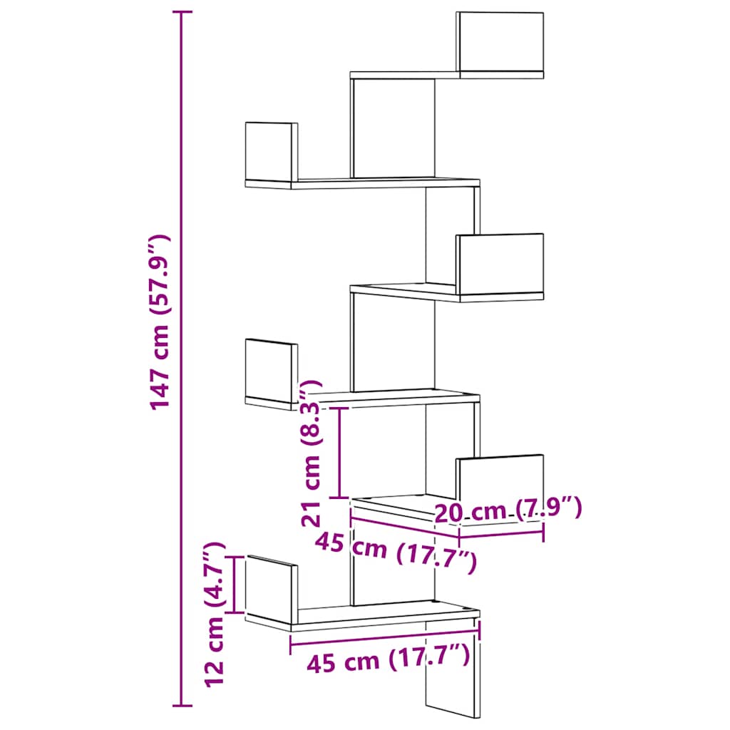 vidaXL Scaffale Angolare Muro Rovere Artigianale 45x45x147 cm Legno