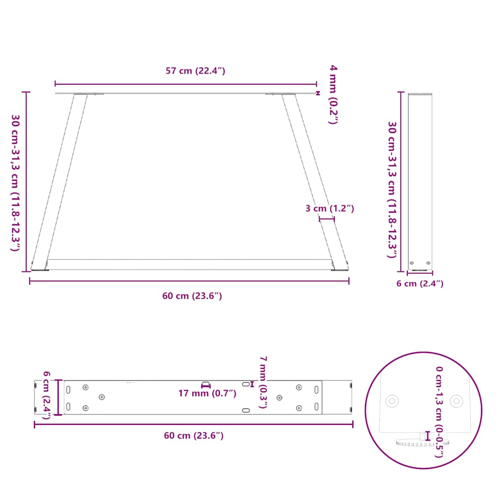 vidaXL Gambe per Tavolino da Caffè a Forma di V 2 pz Nere 60x(30-31,3) cm Acciaio