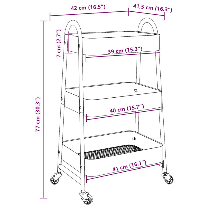 vidaXL Carrello Portaoggetti a 3 Ripiani Rosa 42x41,5x77 cm in Acciaio