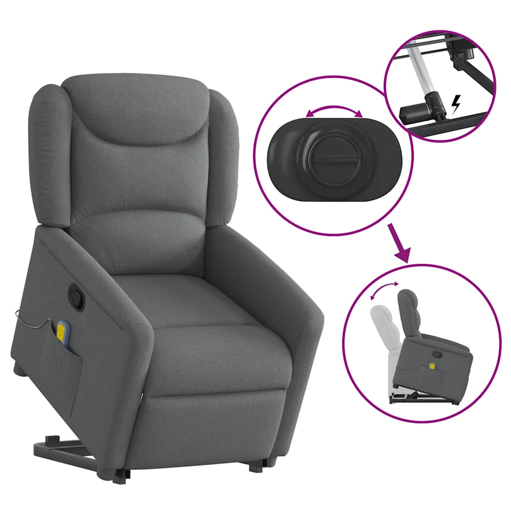 vidaXL Poltrona Alzapersona Massaggi Reclinabile Grigio Scuro Tessuto