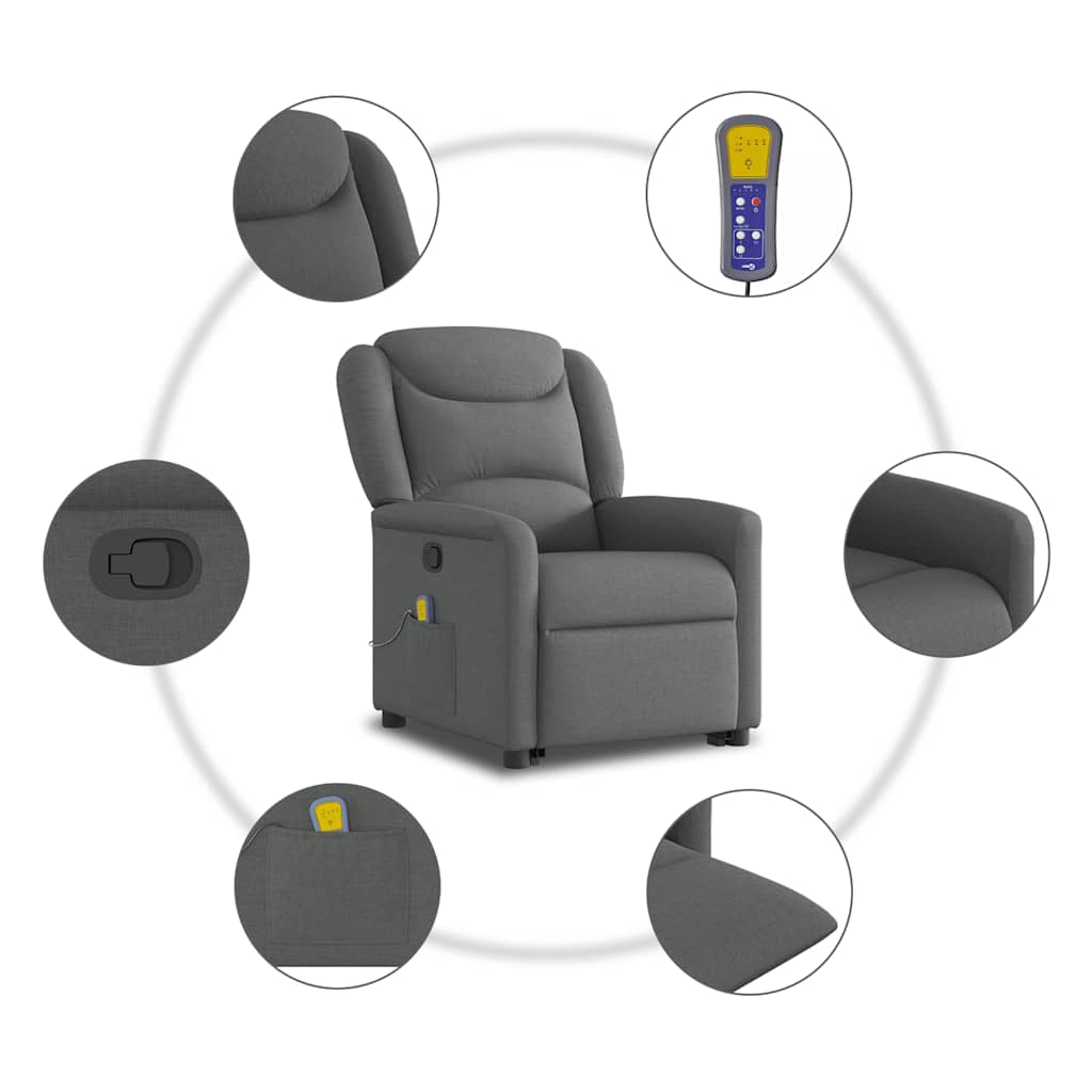 vidaXL Poltrona Alzapersona Massaggi Reclinabile Grigio Scuro Tessuto