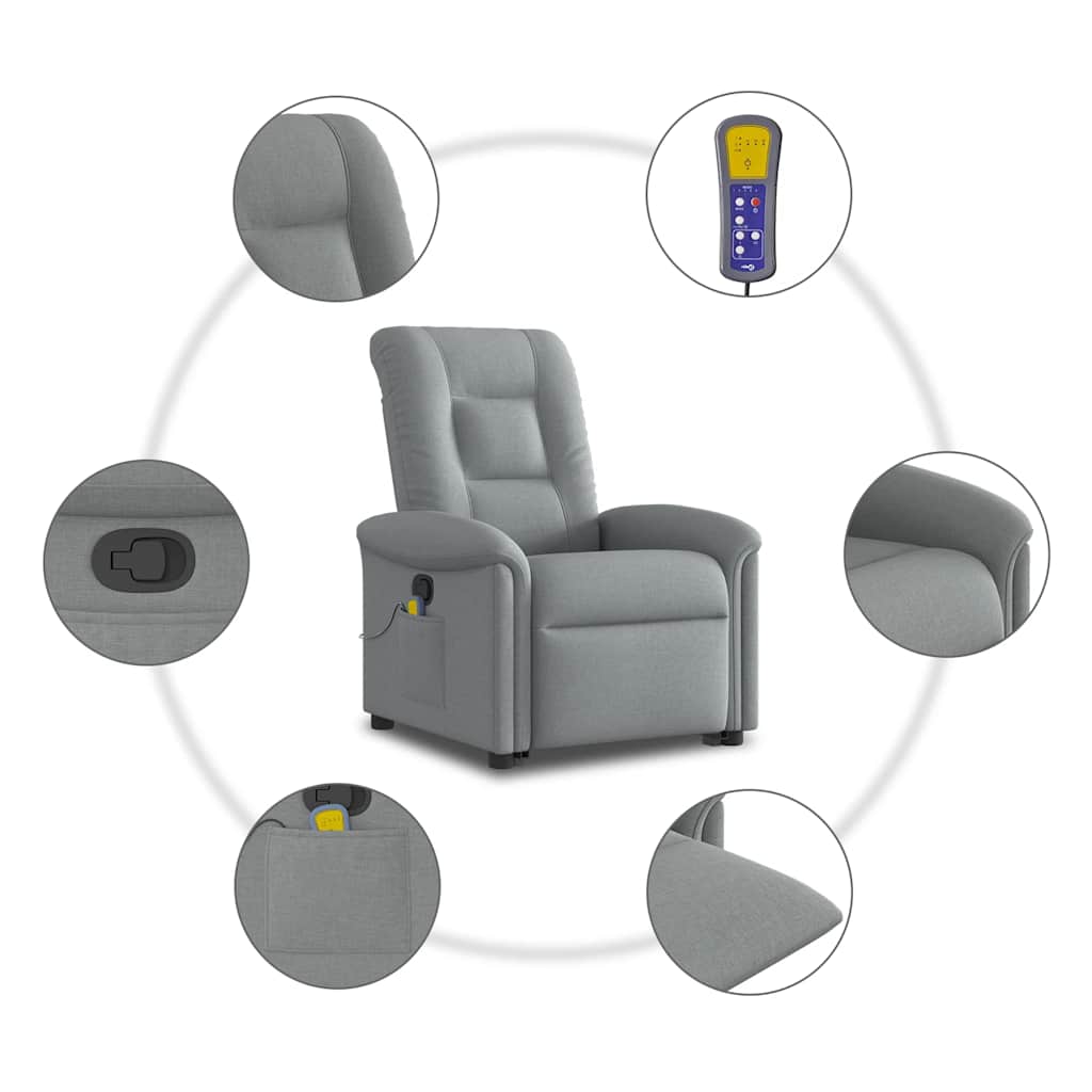 vidaXL Poltrona Alzapersona Massaggi Reclinabile Grigio Chiaro Tessuto