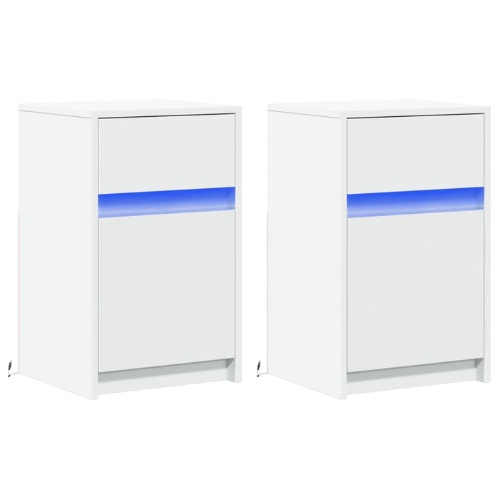 Comodini con Luci LED 2pz Bianchi in Legno Multistrato 851999