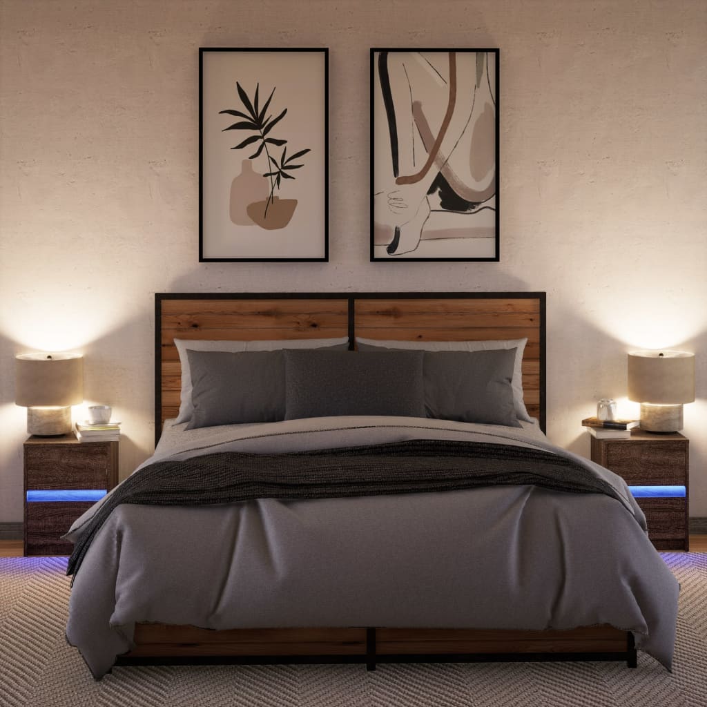 vidaXL Comodini con Luci LED 2pz Rovere Marrone in Legno Multistrato