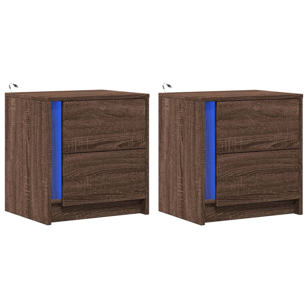 Comodini con Luci LED 2pz-Set di 2 Tavolino da notte Rovere Marrone in Legno Multistrato 290993