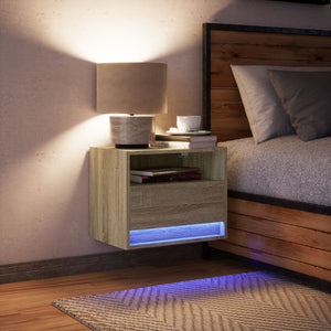 Comodino a Parete con Luci LED-Tavolino da notte sospeso Rovere Sonoma 508834