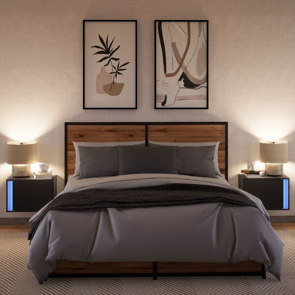 Comodini a Parete con Luci LED 2 pz-Set di 2 Tavolino da notte Neri 723680