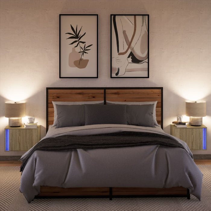 Comodini a Parete con luci LED 2 pz-Set di 2 Tavolino da notte Rovere Sonoma 520620